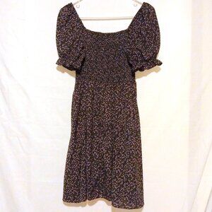 Shein Black Floral Puff Sleeve Smocked Dress L Cottagecore Coquette Feminine